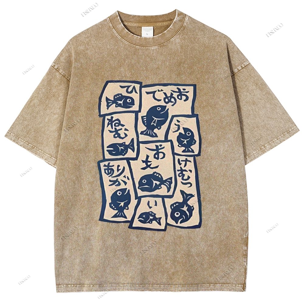 Unisex Japanese Fish Graffiti Printed Washed Tee
