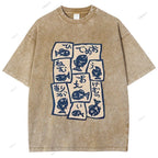 Unisex Japanese Fish Graffiti Printed Washed Tee