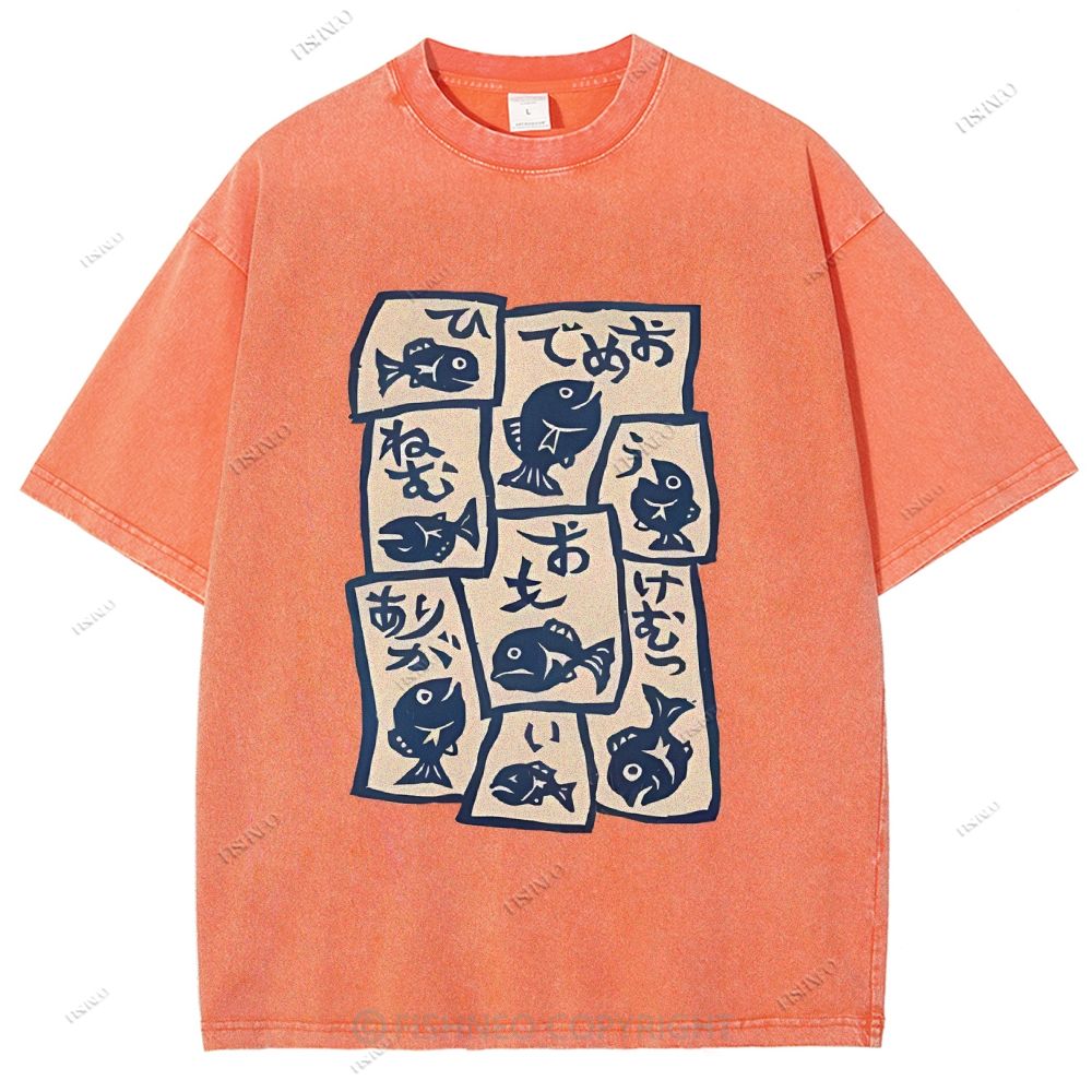 Unisex Japanese Fish Graffiti Printed Washed Tee
