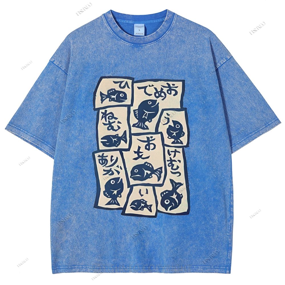Unisex Japanese Fish Graffiti Printed Washed Tee