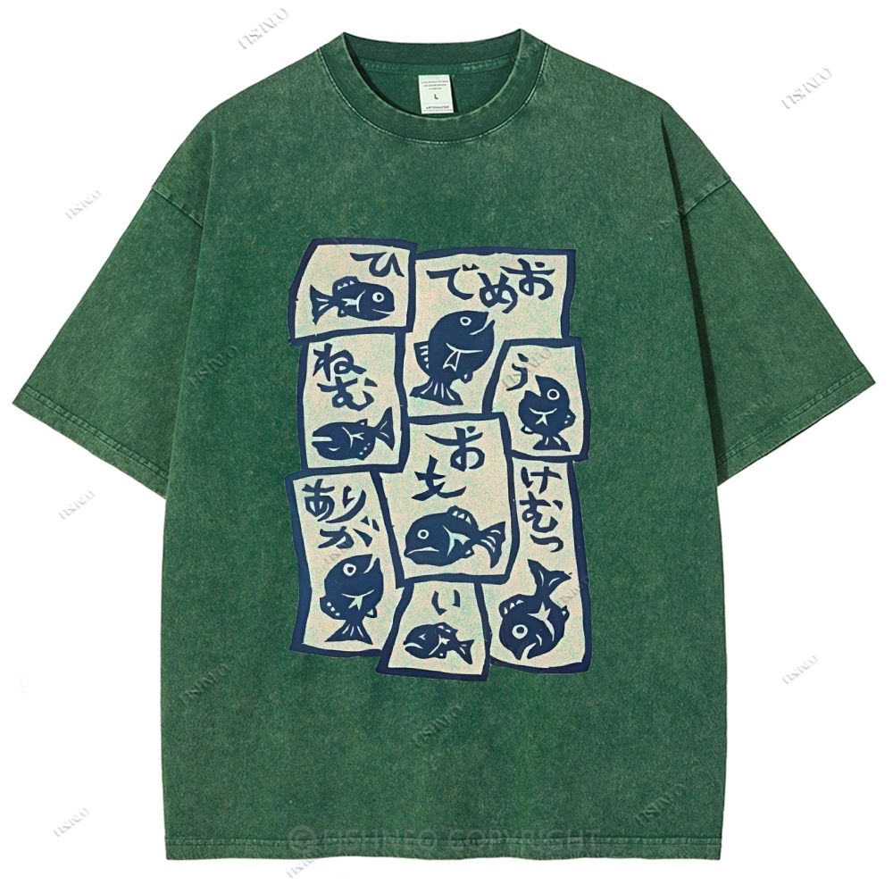 Unisex Japanese Fish Graffiti Printed Washed Tee