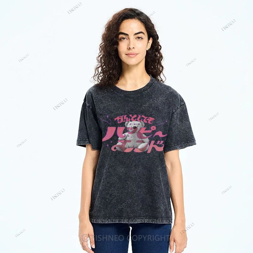 Unisex Japanese Bear Printed Washed Tee