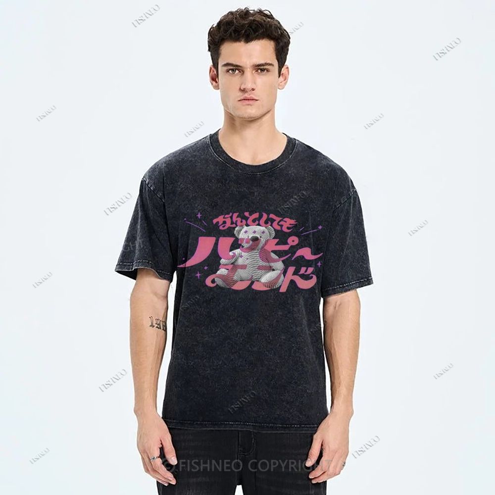 Unisex Japanese Bear Printed Washed Tee