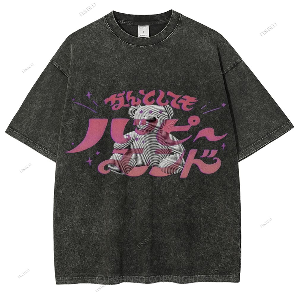 Unisex Japanese Bear Printed Washed Tee