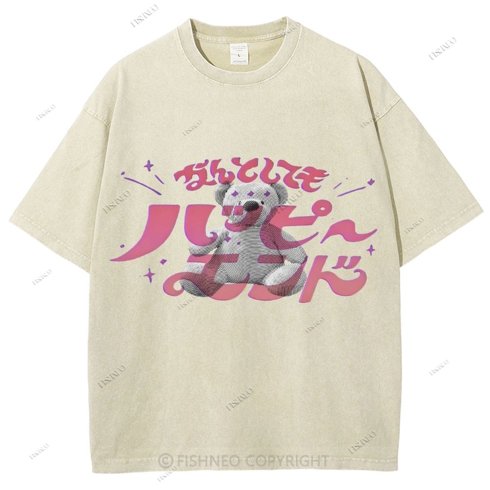 Unisex Japanese Bear Printed Washed Tee