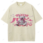 Unisex Japanese Bear Printed Washed Tee