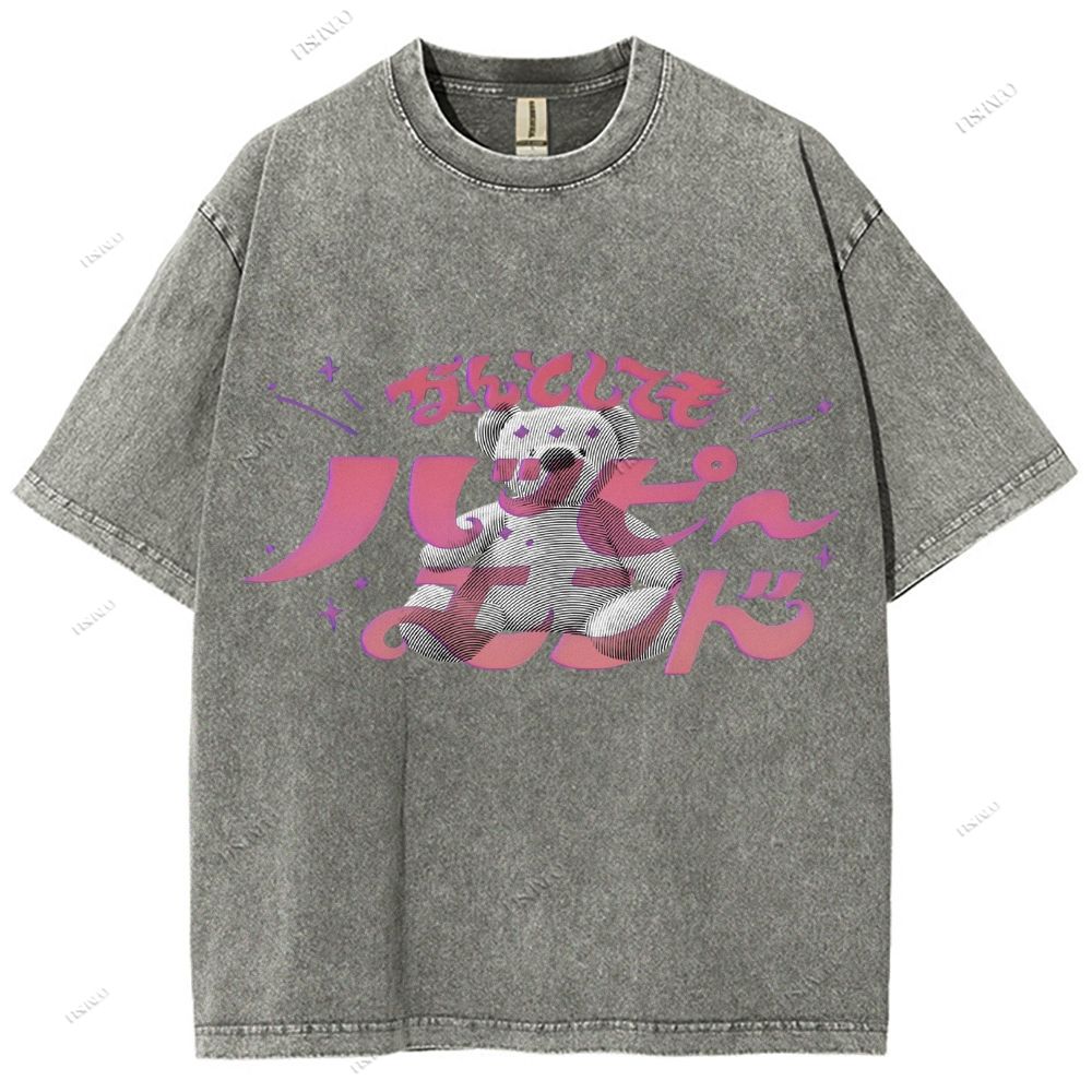 Unisex Japanese Bear Printed Washed Tee