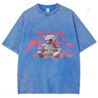Unisex Japanese Bear Printed Washed Tee