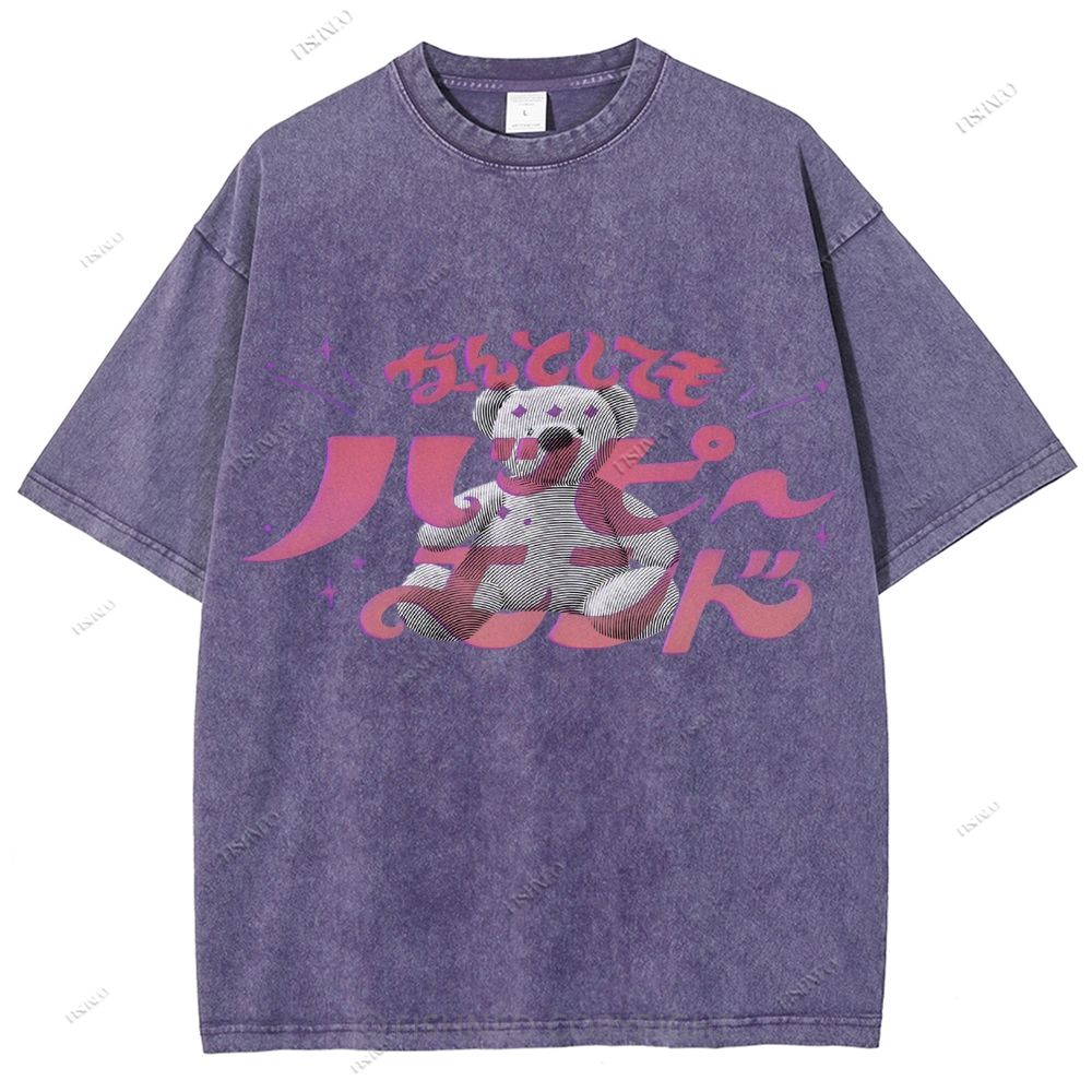 Unisex Japanese Bear Printed Washed Tee