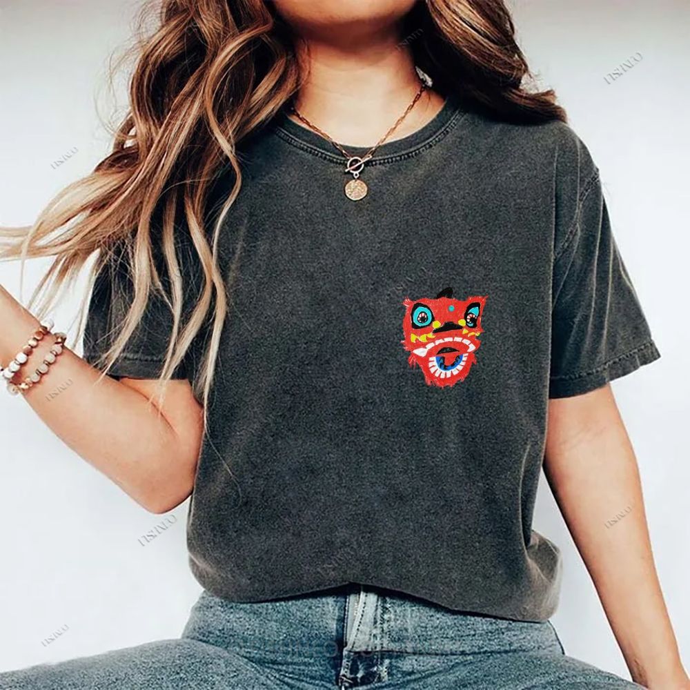 Unisex Lion Dance Graffiti Printed Design Back Washed Tee