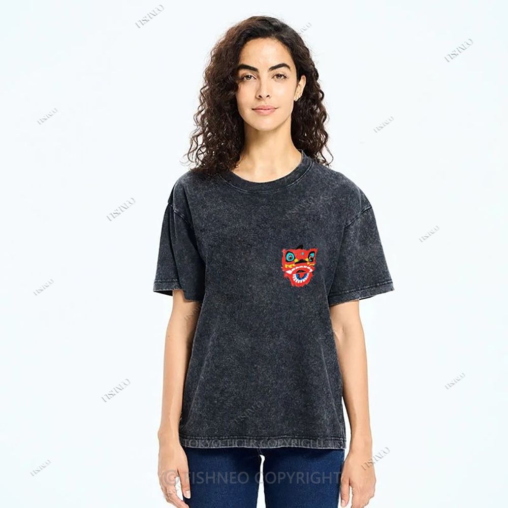 Unisex Lion Dance Graffiti Printed Design Back Washed Tee