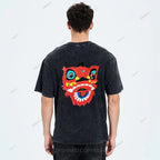 Unisex Lion Dance Graffiti Printed Design Back Washed Tee