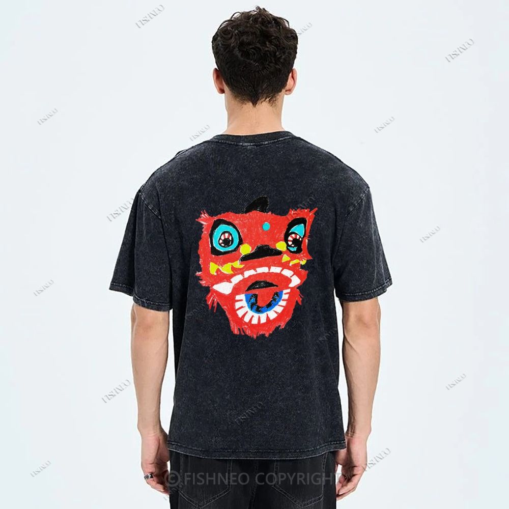 Unisex Lion Dance Graffiti Printed Design Back Washed Tee