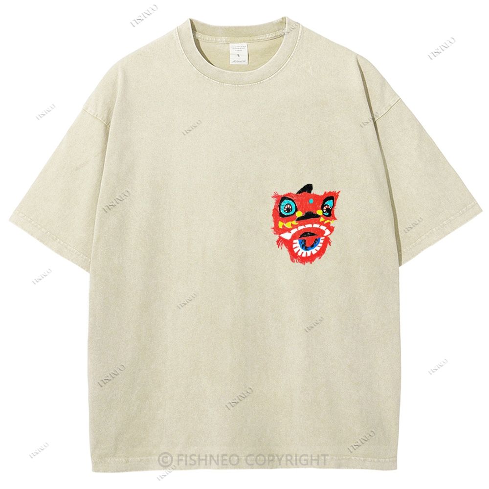 Unisex Lion Dance Graffiti Printed Design Back Washed Tee