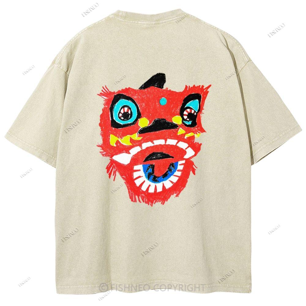 Unisex Lion Dance Graffiti Printed Design Back Washed Tee