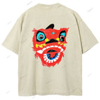 Unisex Lion Dance Graffiti Printed Design Back Washed Tee