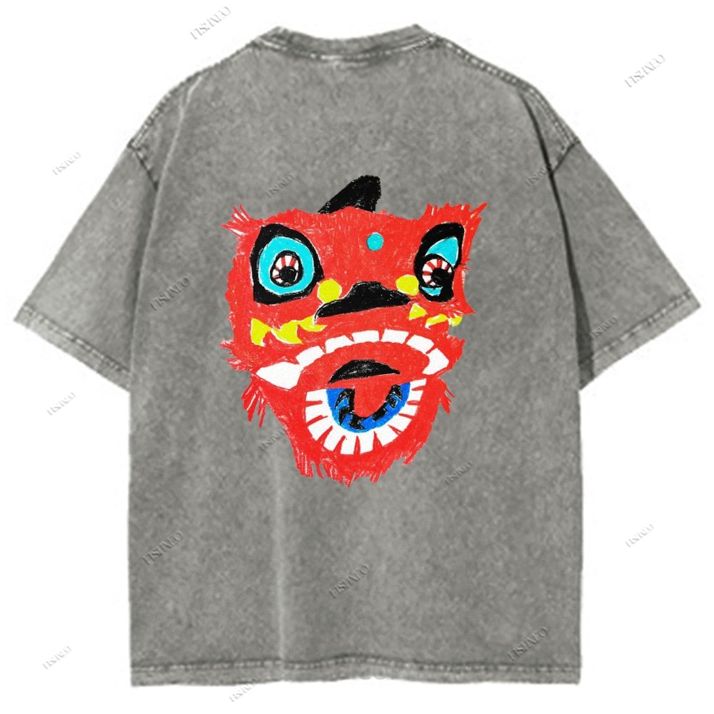 Unisex Lion Dance Graffiti Printed Design Back Washed Tee