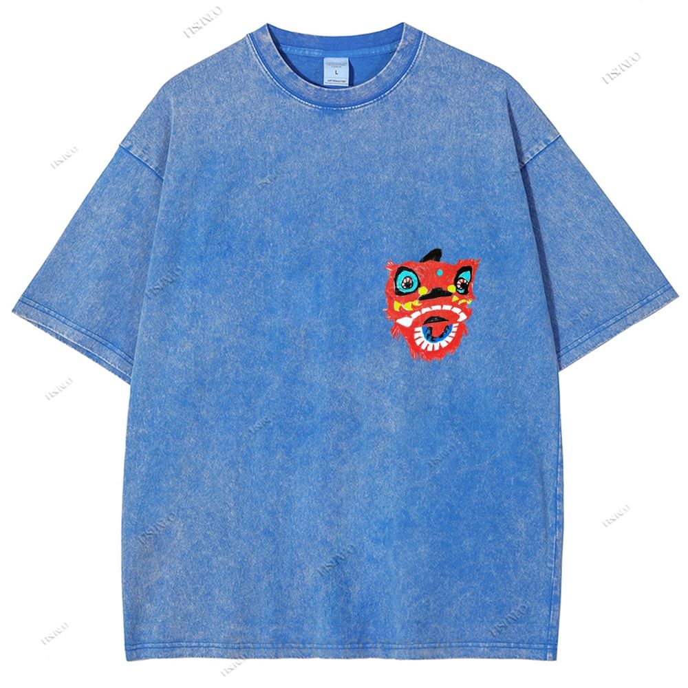 Unisex Lion Dance Graffiti Printed Design Back Washed Tee