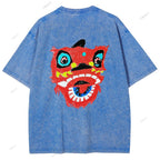 Unisex Lion Dance Graffiti Printed Design Back Washed Tee