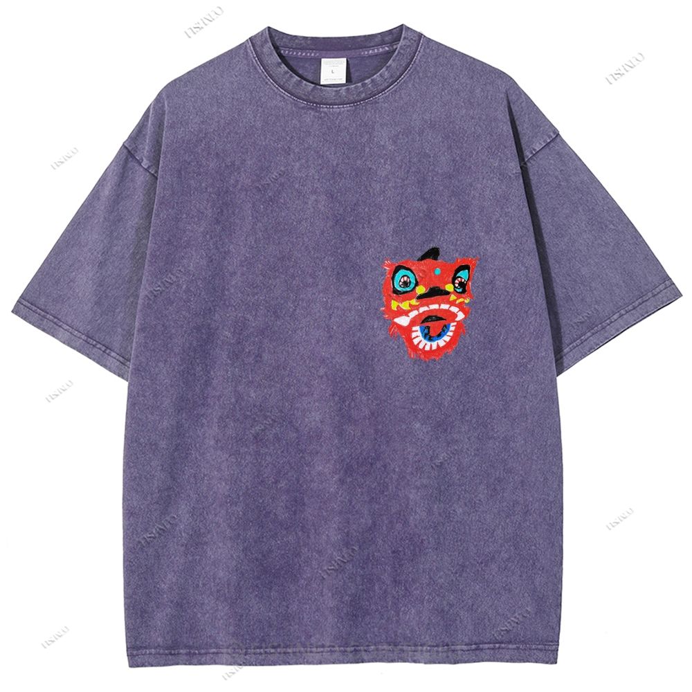 Unisex Lion Dance Graffiti Printed Design Back Washed Tee