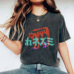 Unisex Japanese Cat Graffiti Printed Washed Tee