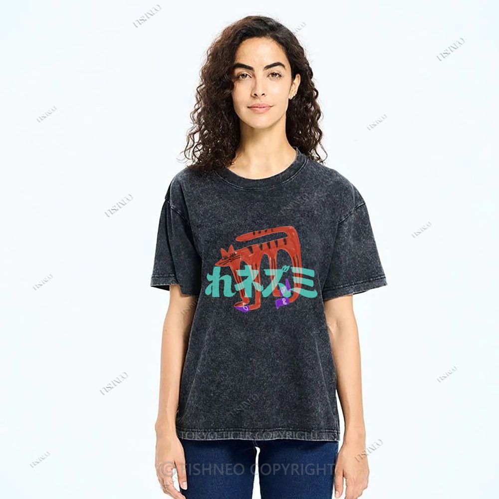 Unisex Japanese Cat Graffiti Printed Washed Tee