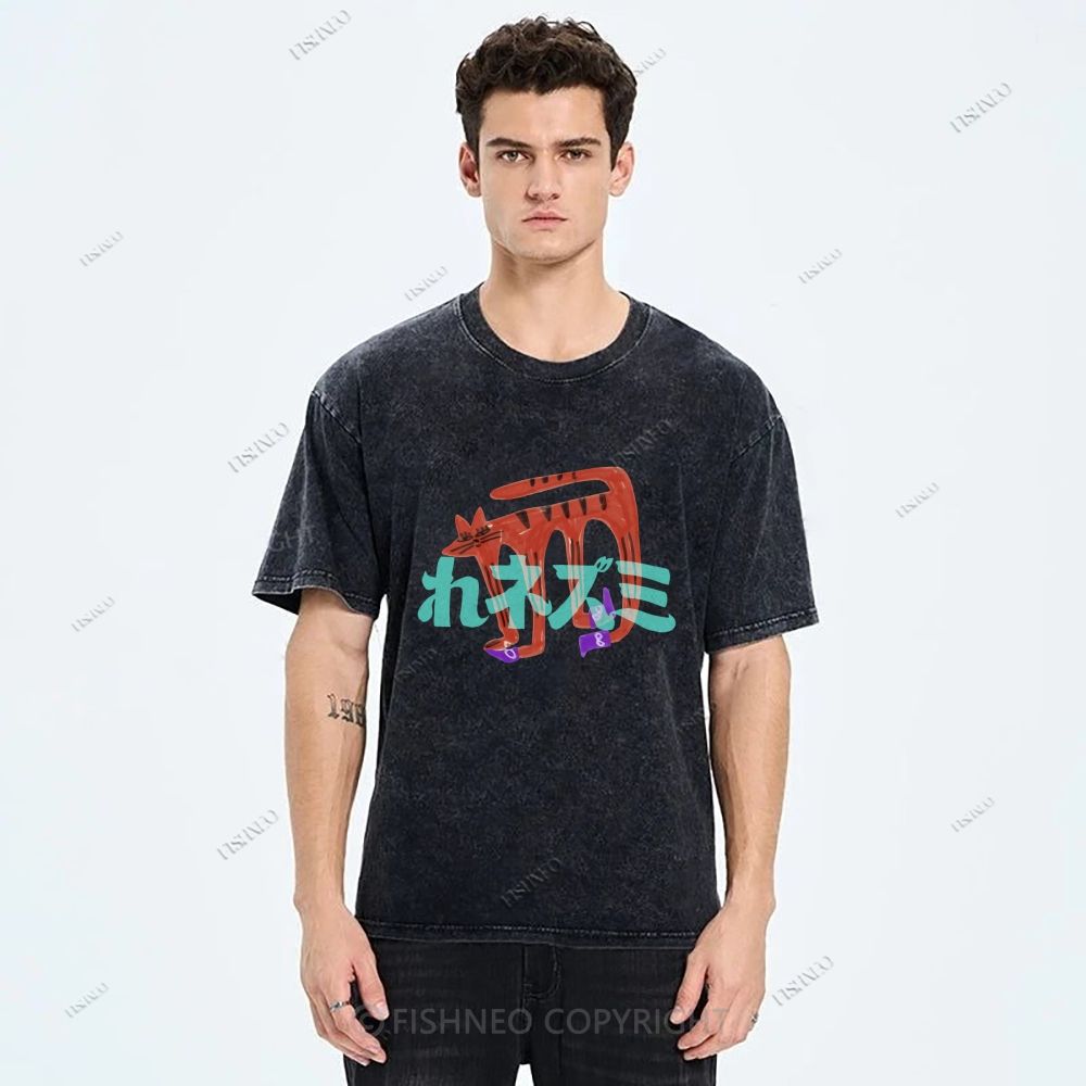 Unisex Japanese Cat Graffiti Printed Washed Tee