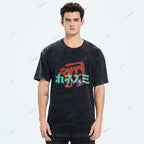 Unisex Japanese Cat Graffiti Printed Washed Tee