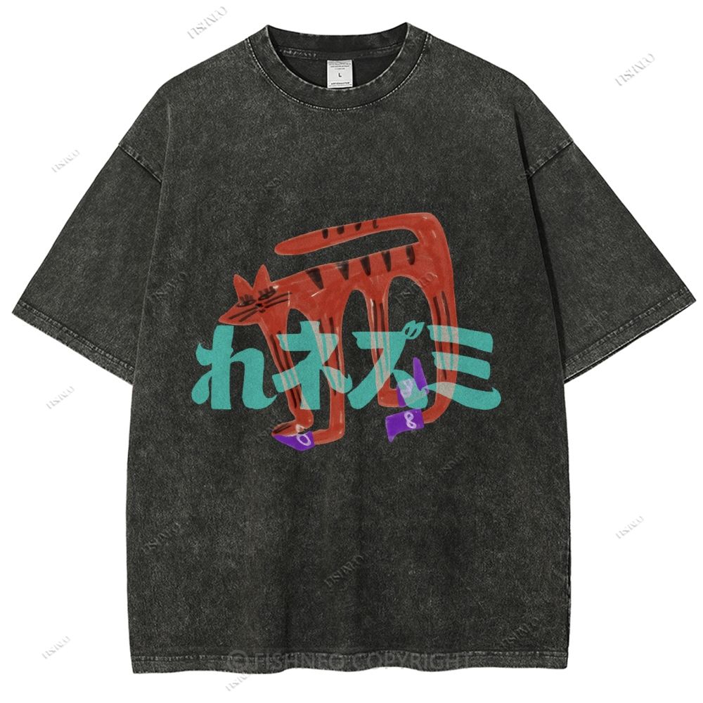 Unisex Japanese Cat Graffiti Printed Washed Tee