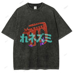 Unisex Japanese Cat Graffiti Printed Washed Tee