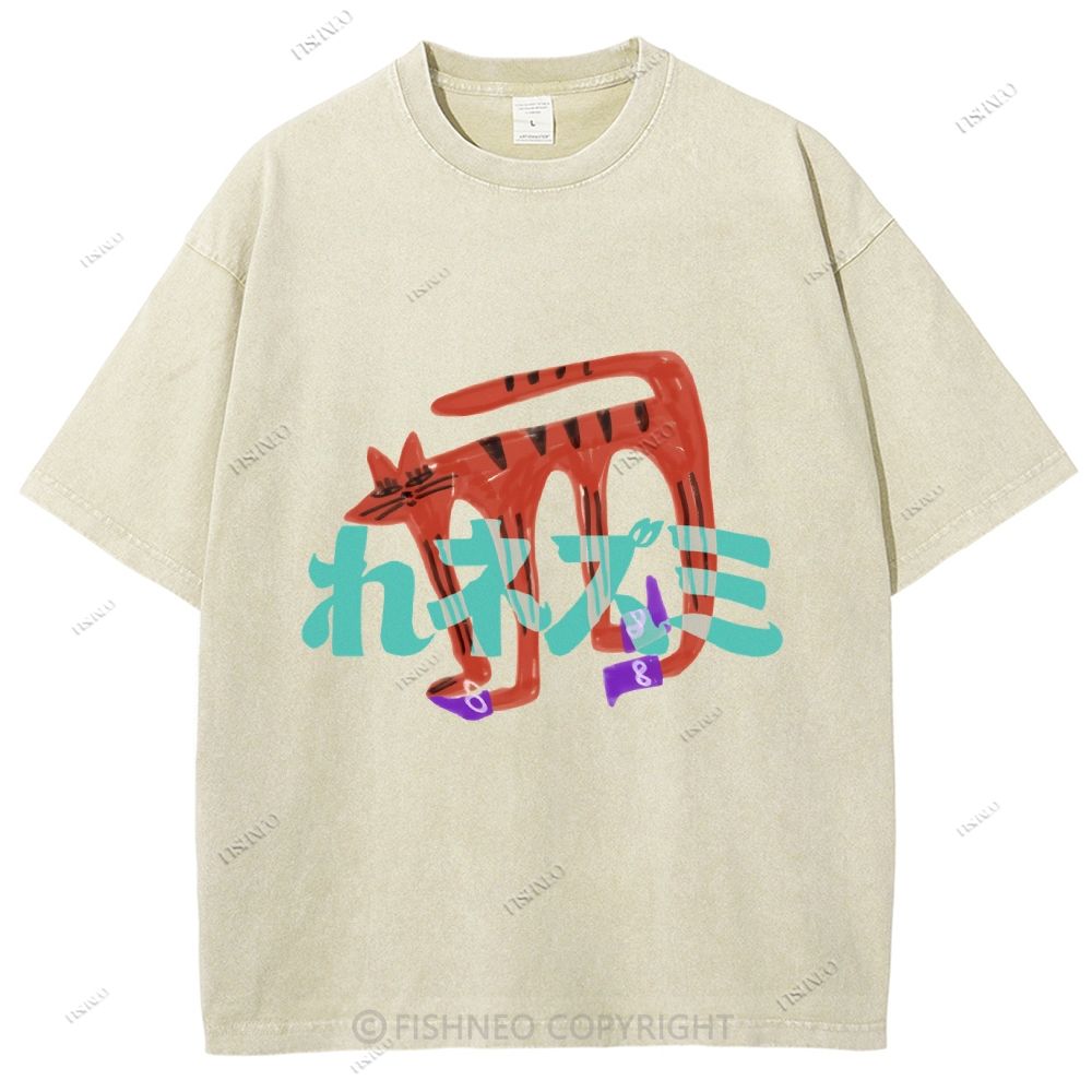 Unisex Japanese Cat Graffiti Printed Washed Tee
