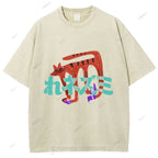 Unisex Japanese Cat Graffiti Printed Washed Tee