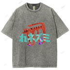Unisex Japanese Cat Graffiti Printed Washed Tee