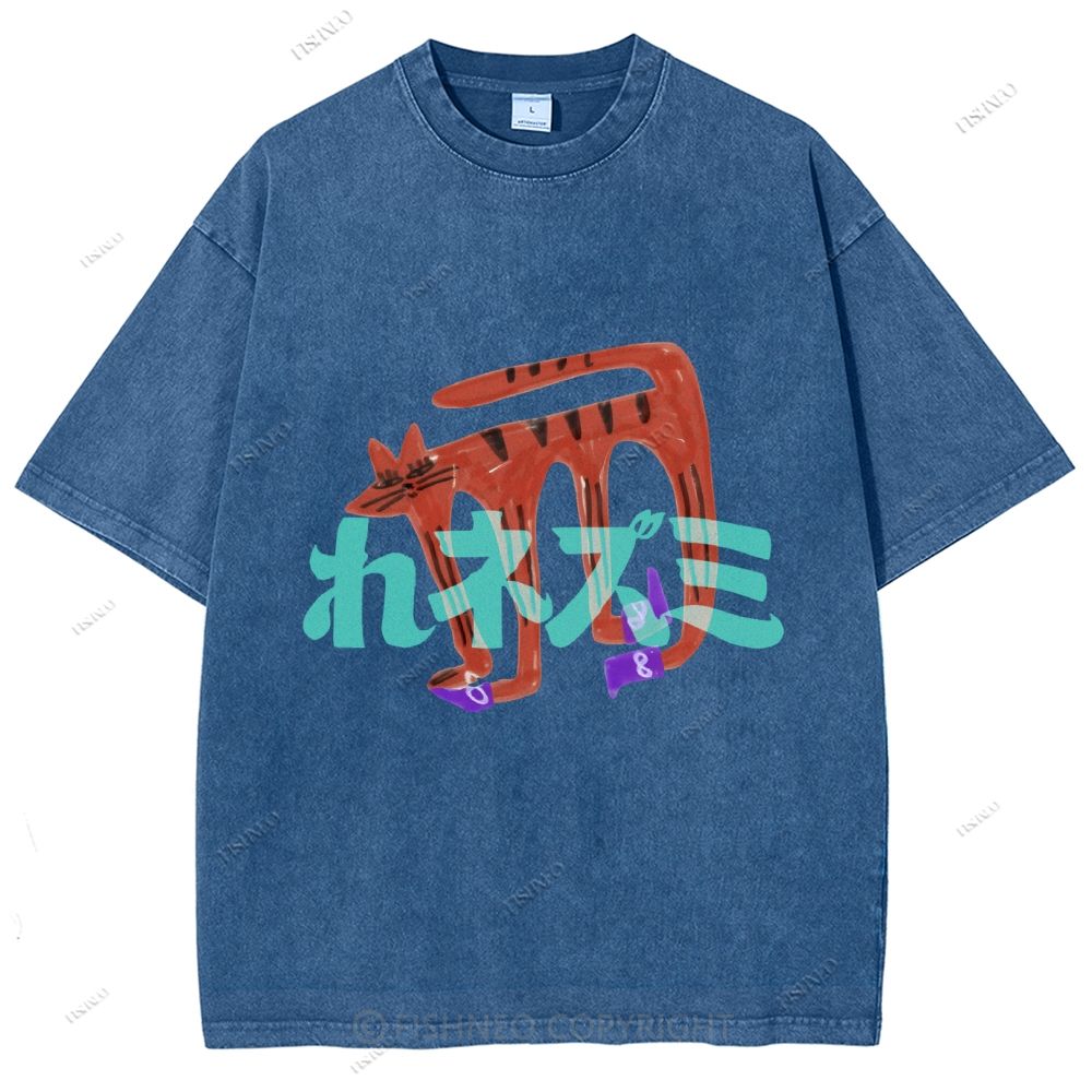Unisex Japanese Cat Graffiti Printed Washed Tee