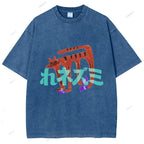 Unisex Japanese Cat Graffiti Printed Washed Tee