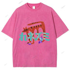 Unisex Japanese Cat Graffiti Printed Washed Tee