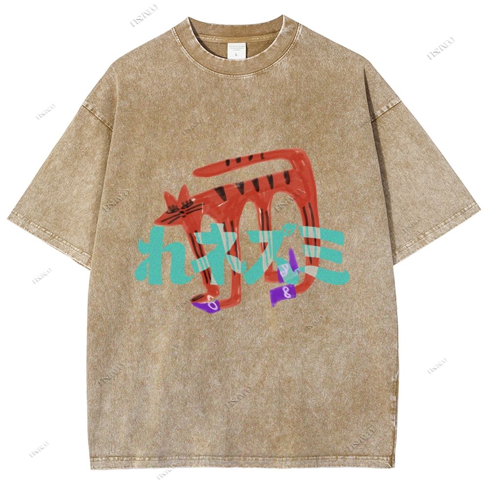 Unisex Japanese Cat Graffiti Printed Washed Tee