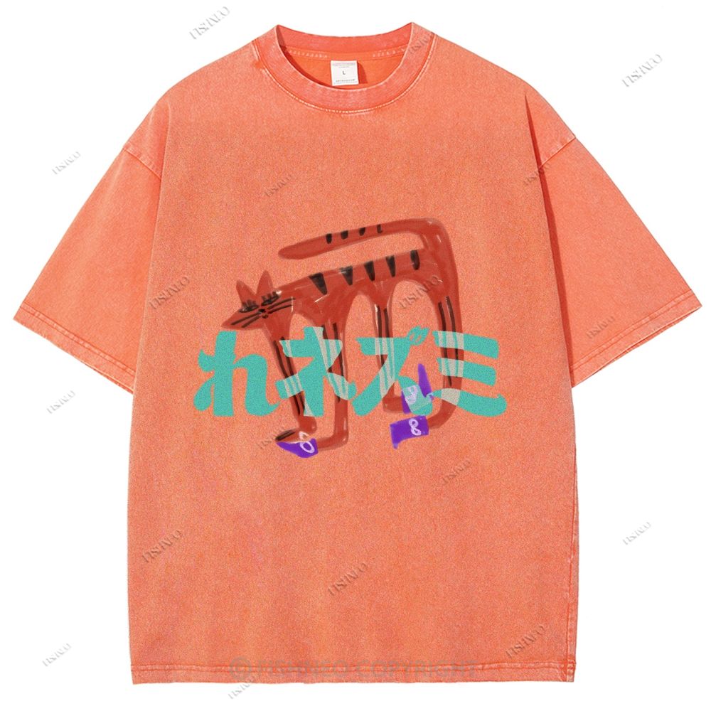 Unisex Japanese Cat Graffiti Printed Washed Tee