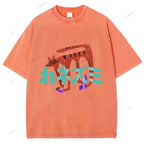 Unisex Japanese Cat Graffiti Printed Washed Tee