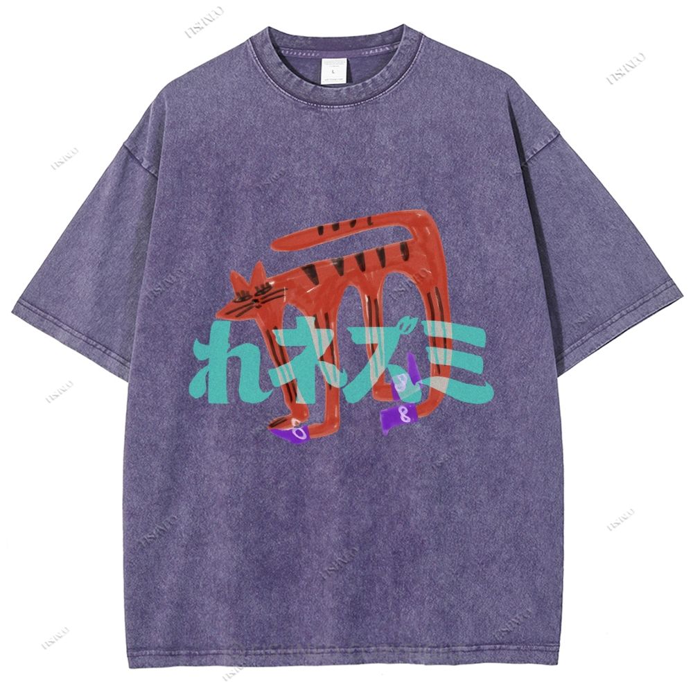 Unisex Japanese Cat Graffiti Printed Washed Tee