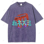 Unisex Japanese Cat Graffiti Printed Washed Tee