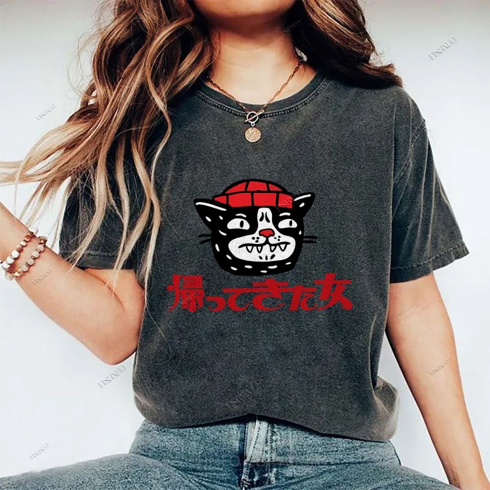 Unisex Japanese Cat Graffiti Printed Washed Tee