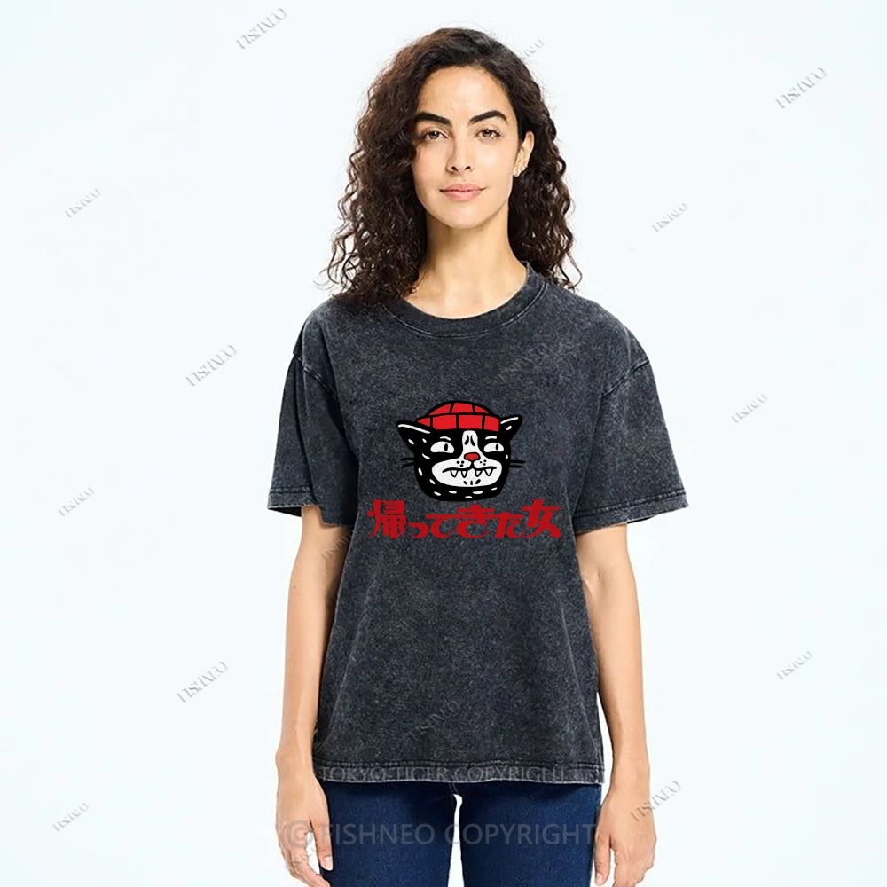 Unisex Japanese Cat Graffiti Printed Washed Tee