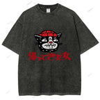 Unisex Japanese Cat Graffiti Printed Washed Tee