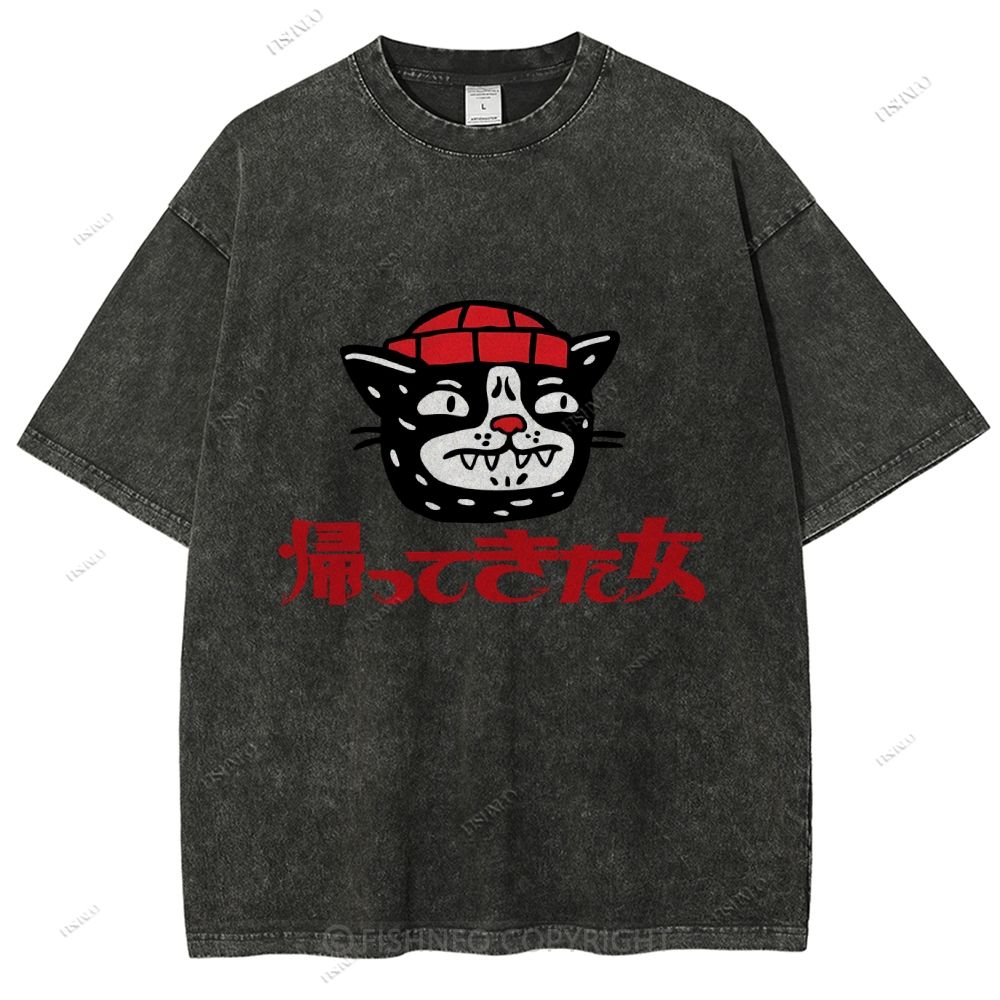 Unisex Japanese Cat Graffiti Printed Washed Tee
