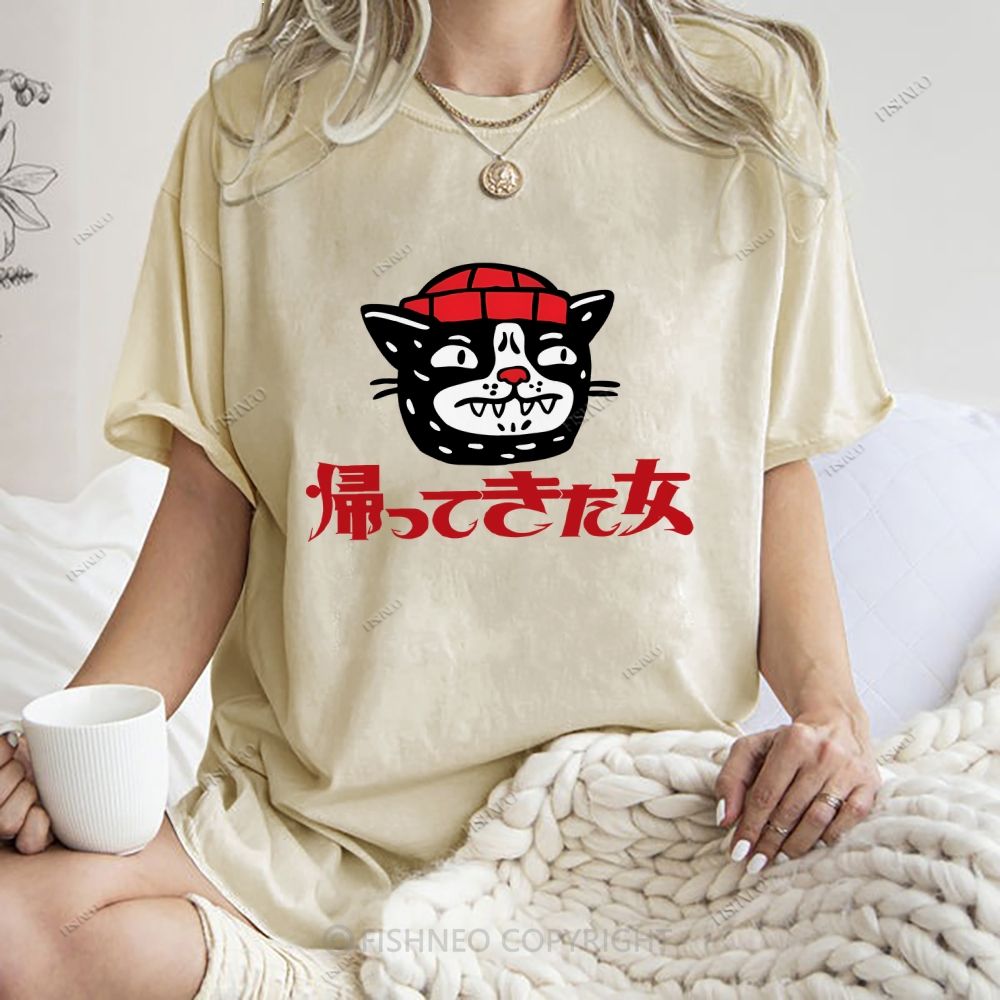 Unisex Japanese Cat Graffiti Printed Washed Tee