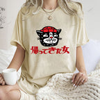 Unisex Japanese Cat Graffiti Printed Washed Tee