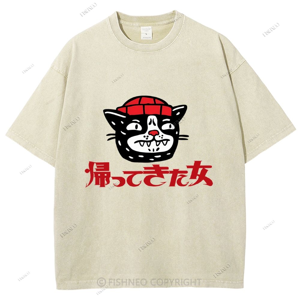 Unisex Japanese Cat Graffiti Printed Washed Tee