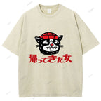 Unisex Japanese Cat Graffiti Printed Washed Tee