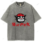 Unisex Japanese Cat Graffiti Printed Washed Tee